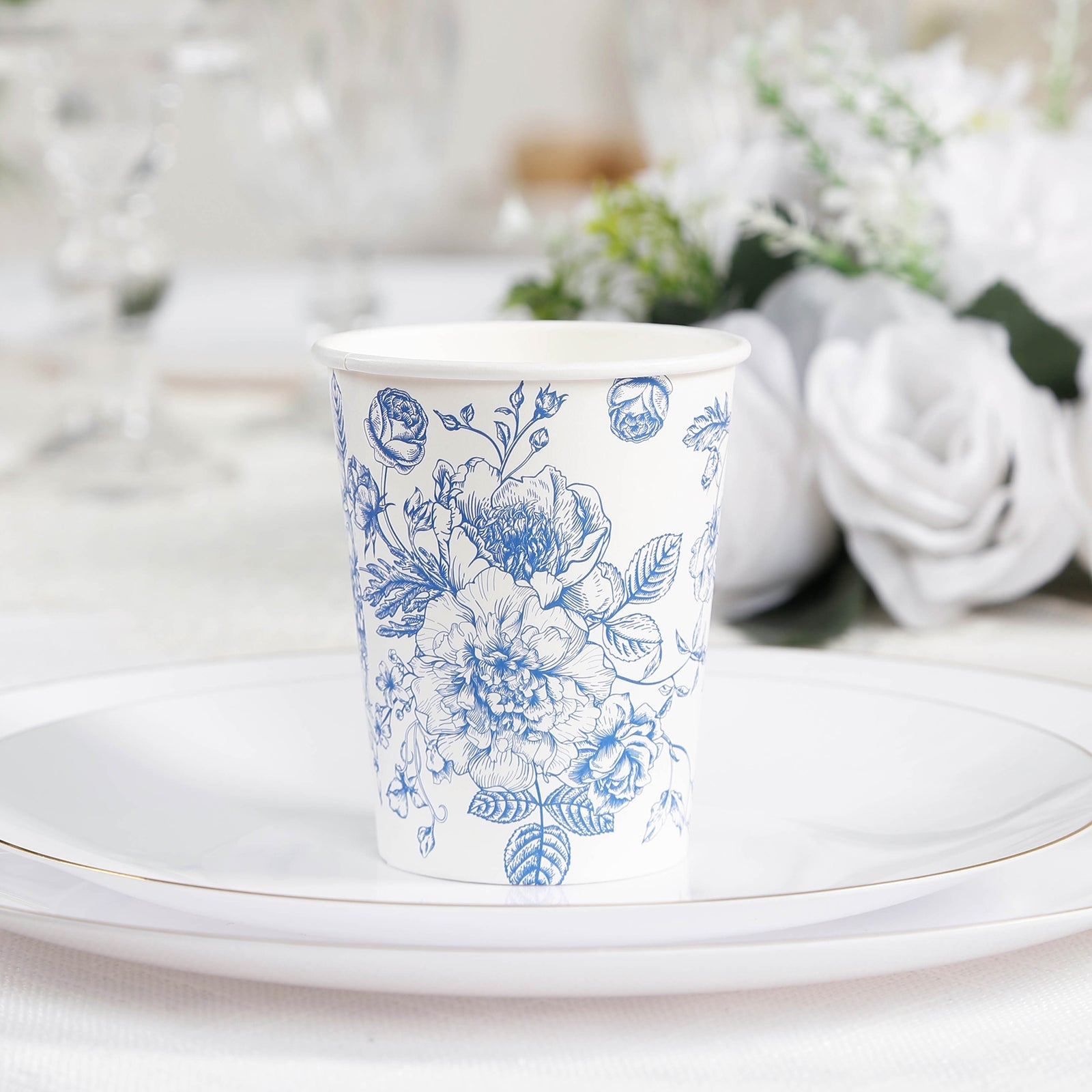 50-Pack Paper Cups 9oz White with Blue French Toile Print